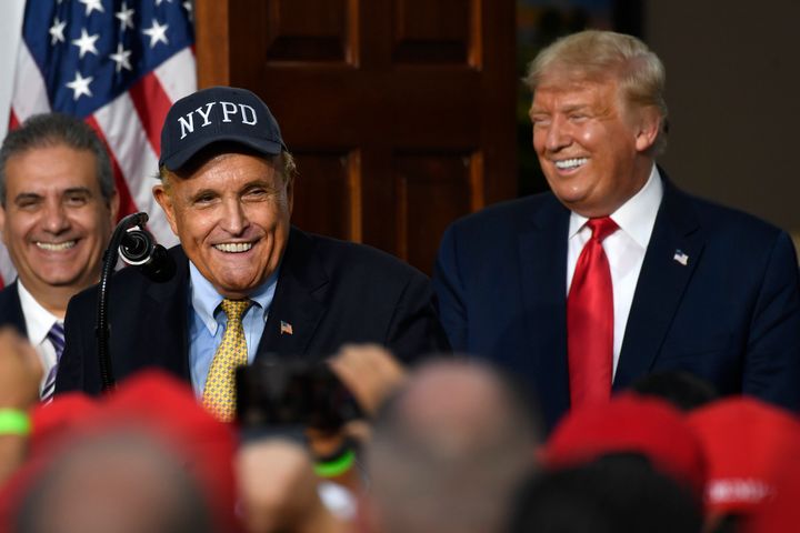 Rudy Giuliani, an attorney for Donald Trump, with the president and members of the City of New York Police Department Benevolent Association