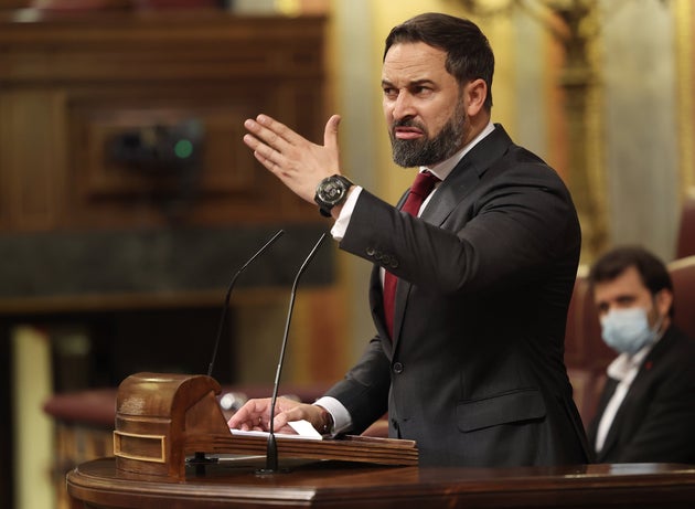 Santiago Abascal, l&iacute;der del partido ultraderechista Vox, en el Congreso durante la moci&oacute;n...