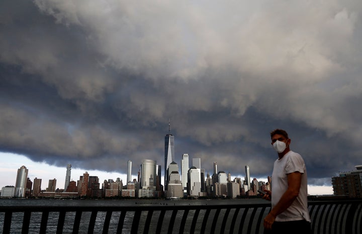 A thunderstorm passes over the skyline of lower Manhattan.