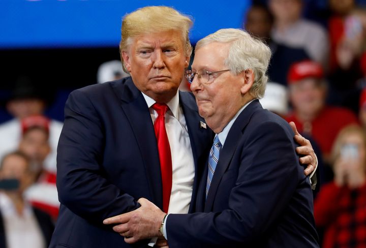 President Donald Trump and Senate Majority Leader Mitch McConnell aren't just embracing each other awkwardly at this rally in Nov. 2019. They have embraced each other's joint cause of remaking the federal courts as much as possible before Trump potentially loses reelection in Nov. 2020.