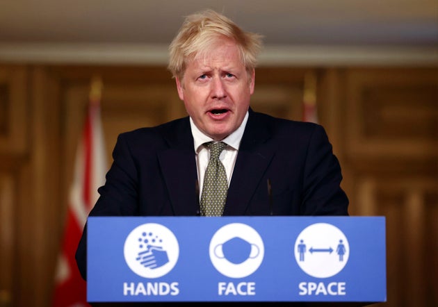 Boris Johnson speaks during a coronavirus briefing in Downing Street.