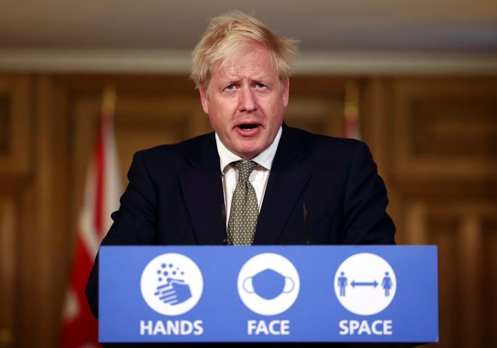 Boris Johnson speaks during a coronavirus briefing in Downing Street.