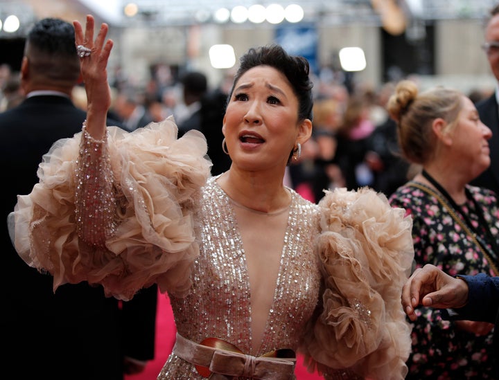 Sandra Oh arrives at the Oscars on Feb. 9, 2020.