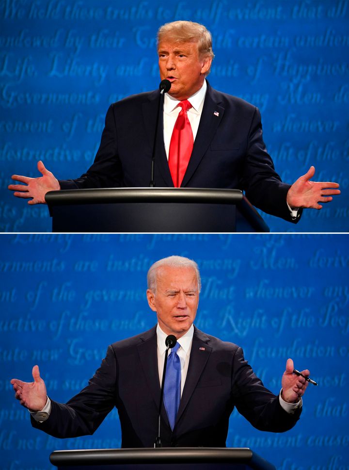 (COMBO) This combination of pictures created on October 22, 2020 shows US President Donald Trump and Democratic Presidential candidate and former US Vice President Joe Biden during the final presidential debate at Belmont University in Nashville, Tennessee, on October 22, 2020. (Photo by JIM WATSON and Brendan Smialowski / AFP) (Photo by JIM WATSON,BRENDAN SMIALOWSKI/AFP via Getty Images)