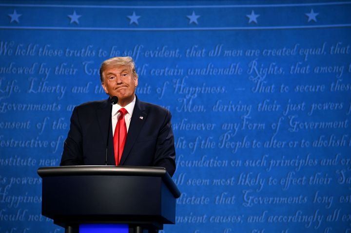 President Donald Trump reacts during the final presidential debate at Belmont University in Nashville, Tennessee, on Oct. 22.