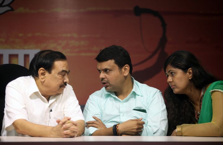 Eknath Khadse (Left), who left the BJP to join NCP, with Devendra Fadnavis and Pankaja Munde in a file photo. Pankaja is also reported to be unhappy with Fadnavis.