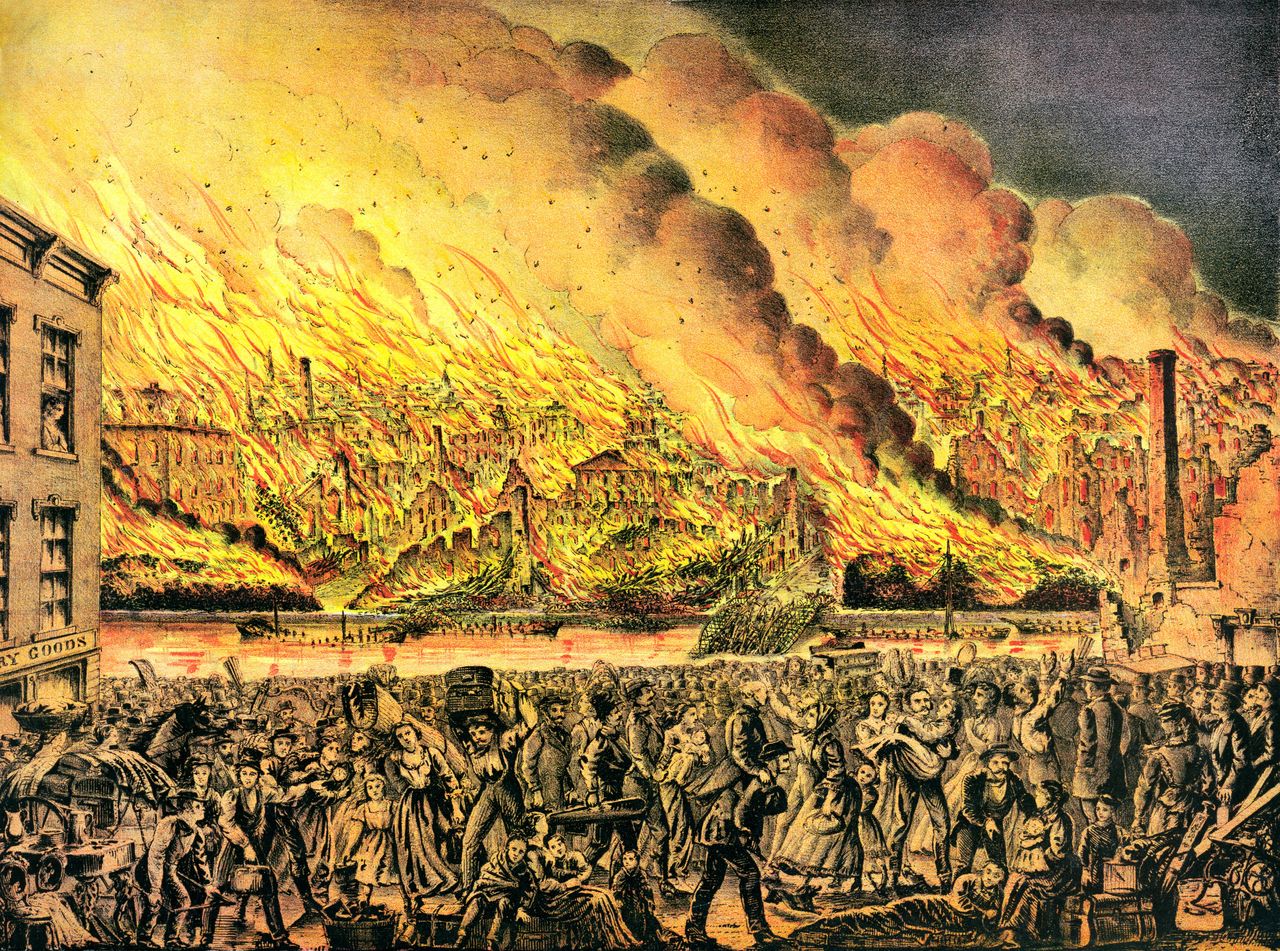 Vintage image of the Great Chicago Fire of 1871.