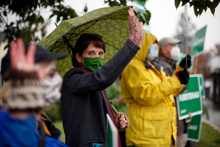 B.C. Green Party Leader Sonia Furstenau campaigns with supporters in Duncan, B.C., on Oct. 23, 2020.