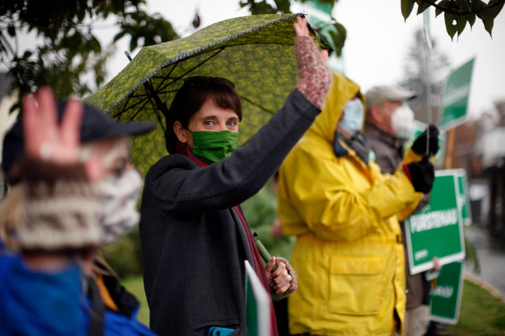 B.C. Green Party Leader Sonia Furstenau campaigns with supporters in Duncan, B.C., on Oct. 23, 2020. 