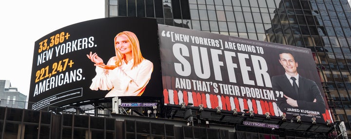 The Lincoln Project billboards in Times Square skewer Ivanka Trump and husband Jared Kushner's indifference to American COVID-19 deaths amid the failed policy of the Trump administration.