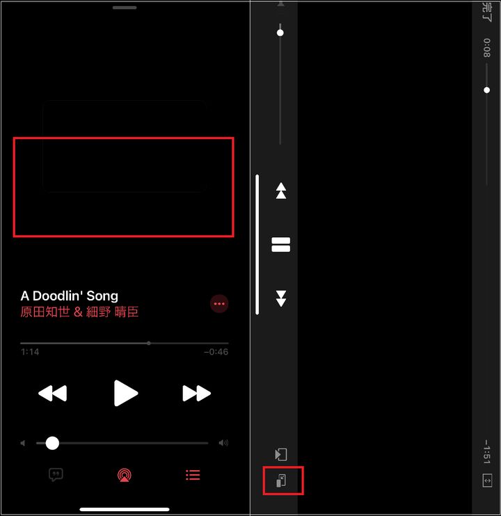 ▲ミュージックビデオを全画面表示にして上の動画部分を押す（左）。右端のボタンをタップする（右）