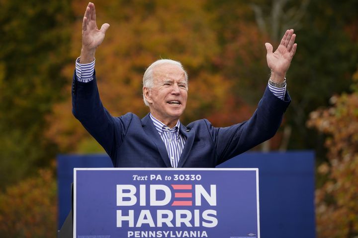 BRISTOL, PA - OCTOBER 24: Democratic presidential nominee Joe Biden speaks during a drive-in campaign rally at Bucks County Community College on October 24, 2020 in Bristol, Pennsylvania. Biden is making two campaign stops in the battleground state of Pennsylvania on Saturday. (Photo by Drew Angerer/Getty Images)