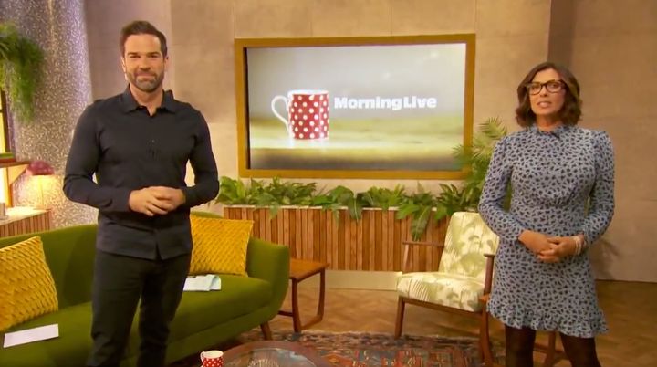 Gethin Jones and Kym Marsh on the set of Morning Live