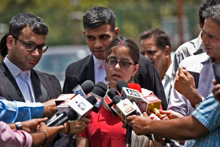 Jagisha Arora speaks to journalists in June 2019 after the Supreme Court ordered the immediate release of her husband Prashant for a post he had shared on social media against Uttar Pradesh Chief Minister Yogi Adityanath.