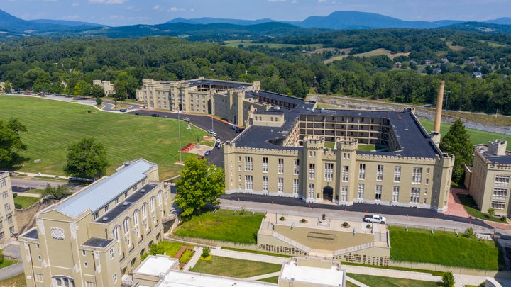 The barracks, right, and chapel, left, at Virginia Military Institute Wednesday July 15, 2020, in Lexington, Virginia. The sc