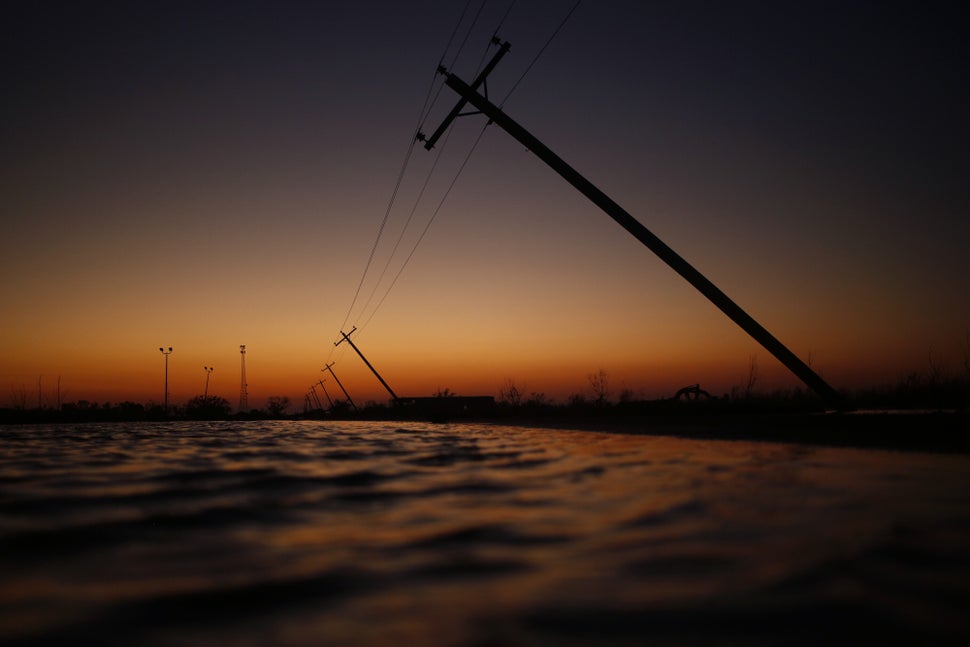 Utility poles felled after Hurricane Delta made landfall in Creole, Louisiana, on Oct. 10, 2020.