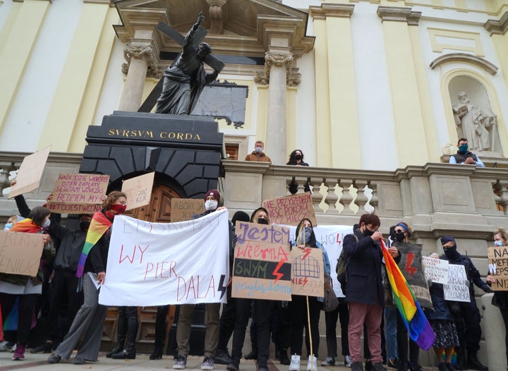 Polish Women Protest At Catholic Churches Over Country’s
Near-Total Abortion Ban 3 Poland's constitutional court issued a ruling on October 22, 2020 that further restricts abortion rights in Poland, triggerin