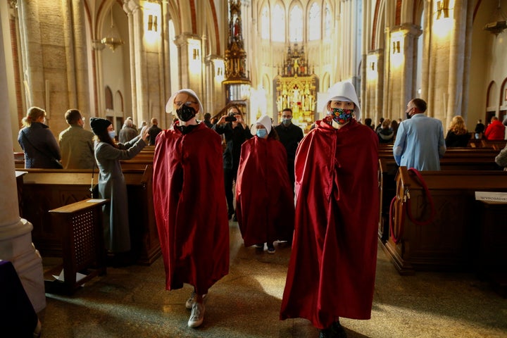 Demonstrators hold a protest against a ruling by Poland's Constitutional Tribunal that imposes a near-total ban on abortion,