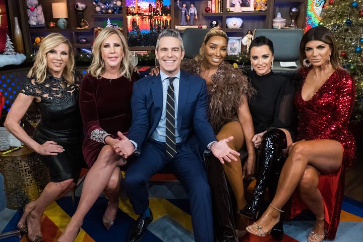 Ramona Singer, Vicki Gunvalson, Andy Cohen, NeNe Leakes, Kyle Richards and Teresa Giudice pictured together during a "Watch What Happens Live with Andy Cohen" special. 