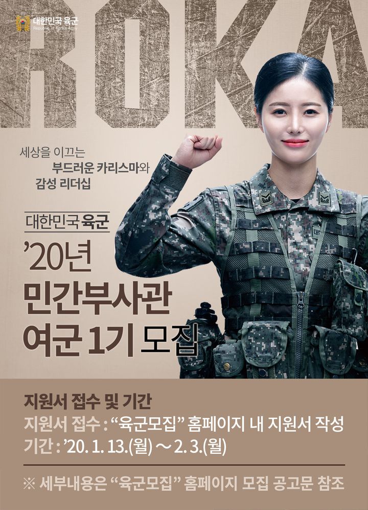 大韓民国・陸軍2020年民間副士官女軍1期募集のポスター