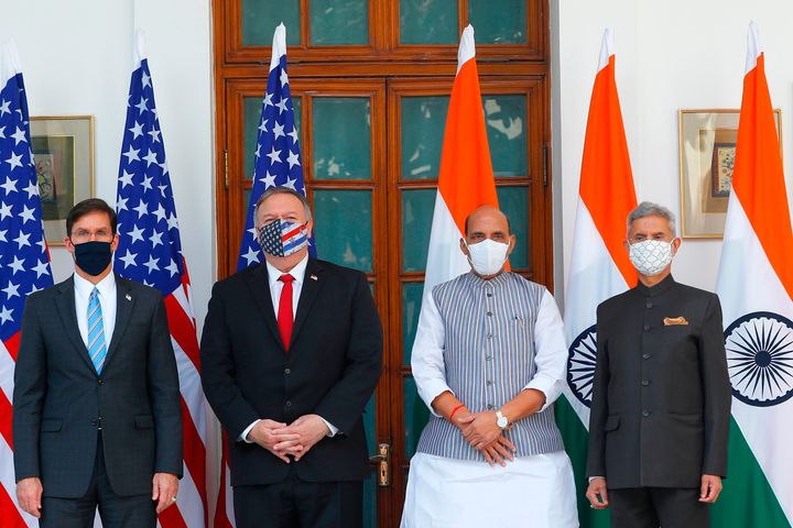 US Secretary of State Mike Pompeo (2nd L), US Secretary of Defense Mark Esper (L), India's Defence Minister Rajnath Singh (2nd R) and India's Foreign Minister Subrahmanyam Jaishankar before their meeting at Hyderabad House in New Delhi on October 27, 2020.