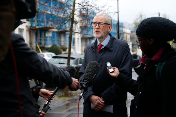 Former Labour party leader Jeremy Corbyn speaks to the media 