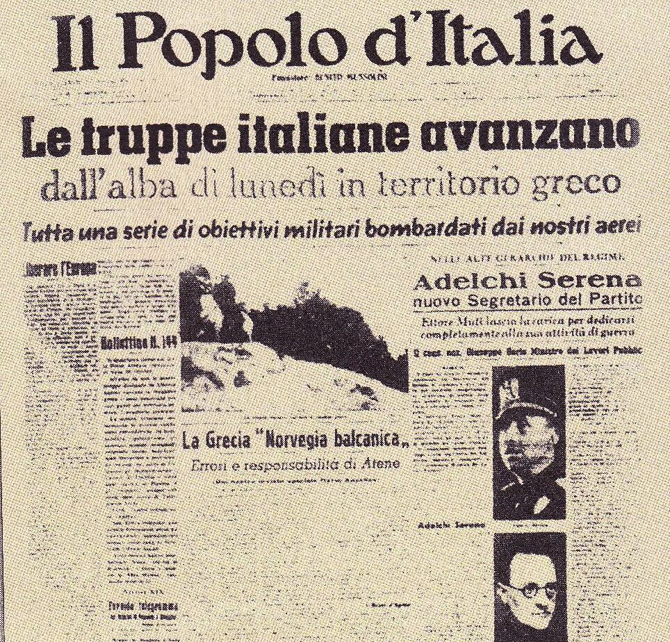 Η εφημερίδα POPOLO D’ ITALIA του Μουσολίνι, στον κεντρικό της τίτλο αναφέρει την εισβολή των ιταλικών στρατευμάτων στο ελληνικό έδαφος.