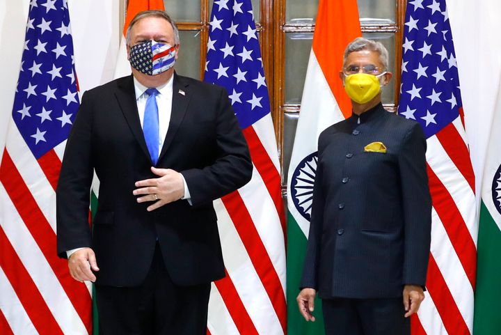 US Secretary of State Mike Pompeo and India's Foreign Minister Subrahmanyam Jaishankar before their meeting at Hyderabad House in New Delhi on October 26, 2020.