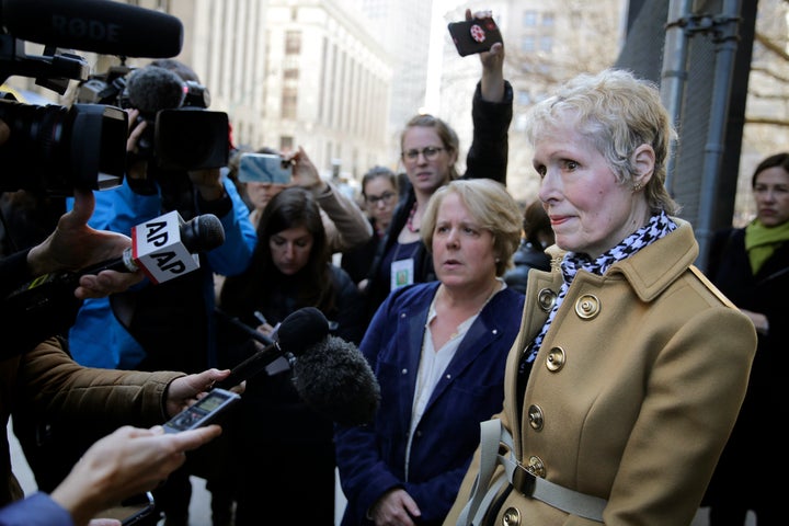 E. Jean Carroll, right, talks to reporters outside a courthouse in New York, Wednesday, March 4, 2020. (AP Photo/Seth Wenig)