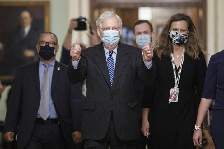 Senate Majority Leader Mitch McConnell walking out the Senate Chamber on Capitol Hill on Monday, the day the Senate voted to confirm Judge Amy Coney Barrett to the Supreme Court. The Senate then adjourned until after the election.