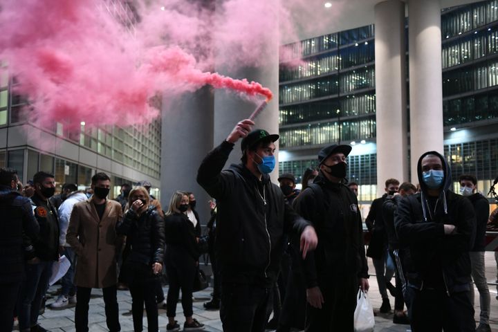 Demonstrators from the categories of hoteliers, restaurants, entertainment operators demonstrate under the building of the Lo