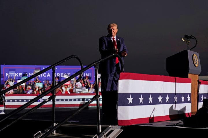 President Donald Trump arrives to speak at a rally at Minden-Tahoe Airport in Minden, Nevada, on Sept. 12.