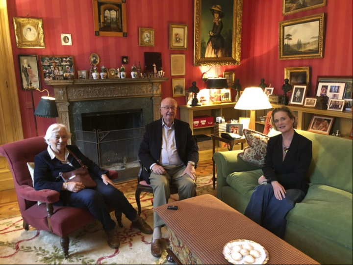 King Albert of Belgium and Queen Paola pose with Belgian artist, Princess Delphine de Saxe-Cobourg, known also with her former name Delphine Boel, after she has been recognized as the daughter of Belgium's former King Albert II, becoming officially a princess, in this handout photo released by the Royal Palace on October 27, 2020. Picture taken October 25, 2020. 