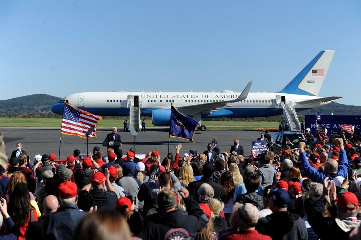 Vice President Mike Pence arrives at a campaign rally at the Reading Regional Airport on Oct. 17. A rising Latino population in the area has cut into Trump's 2016 leads.