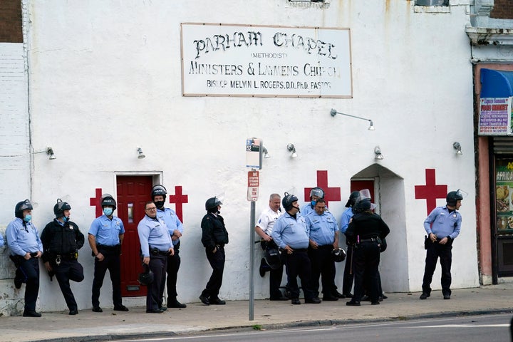 Philadelphia police stand by before a march, on Oct. 27, 2020. 