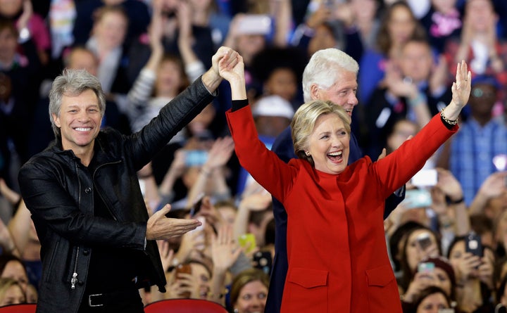 Presidential candidate Hillary Clinton is joined by Jon Bon Jovi during campaigning in 2016 - but for little reward.