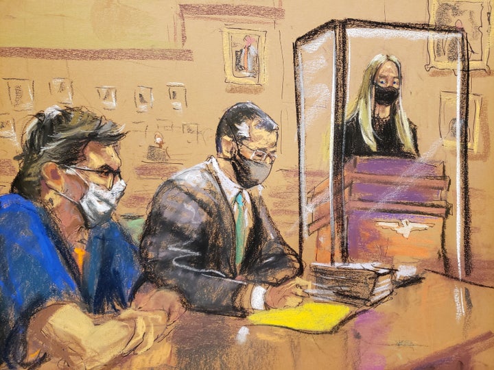 This courtroom sketch shows India Oxenberg giving a victim impact statement at the sentencing hearing for Keith Raniere, far left, in a Brooklyn courthouse on Monday.