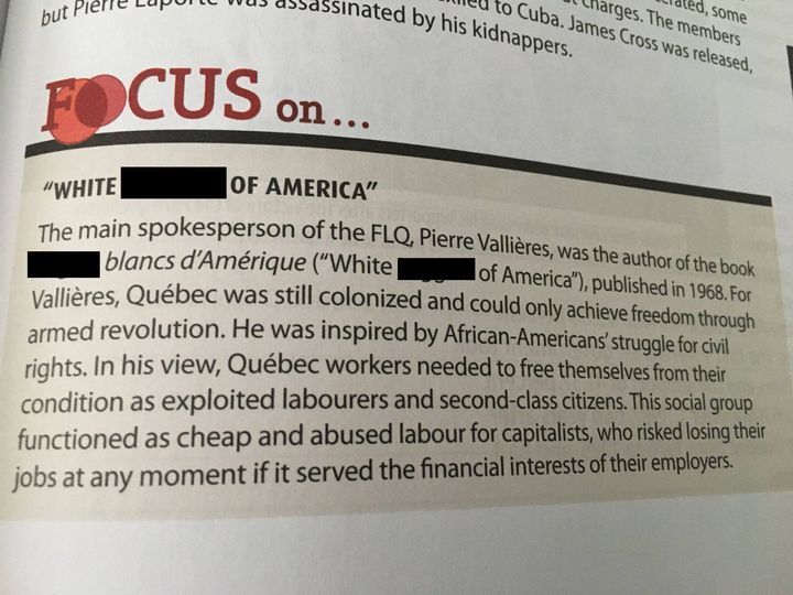 A translated textbook created for the Secondary 4 “History of Québec and Canada” course features multiple iterations of the uncensored N-word.