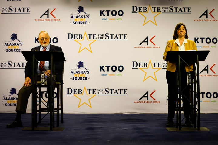 U.S. Rep. Don Young, left, and Alyse Galvin square off in a debate for the sole Alaska house seat Thursday, Oct. 22, in Ancho