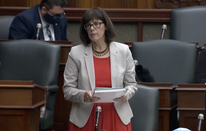 Ontario MPP Teresa Armstrong speaks in the legislature in Toronto on Oct. 28, 2020.