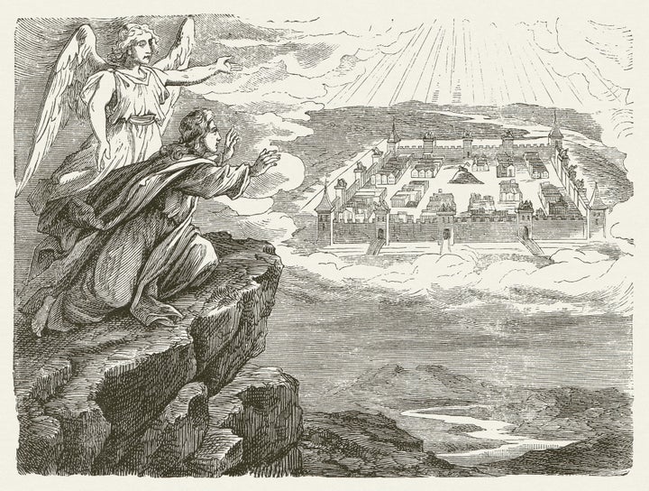 A woodcut of a drawing by the German painter Julius Schnorr von Carolsfeld illustrates a chapter from the Book of Revelation that describes a new Jerusalem.