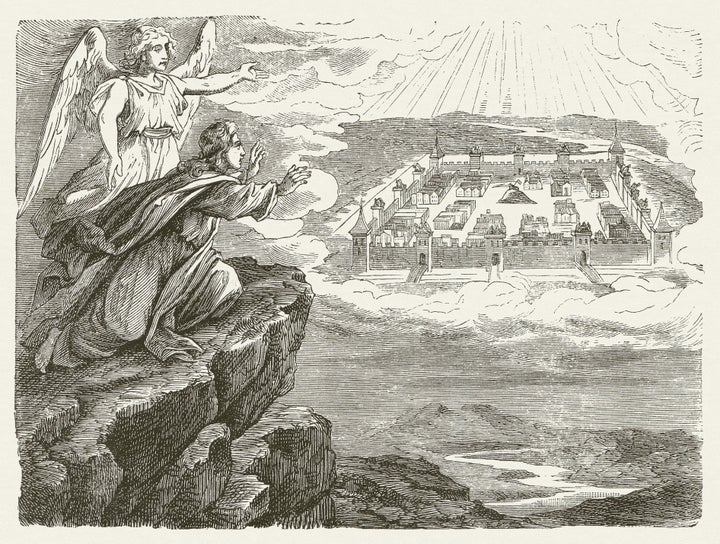 A woodcut of a drawing by the German painter Julius Schnorr von Carolsfeld illustrates a chapter from the Book of Revelation that describes a new Jerusalem. 