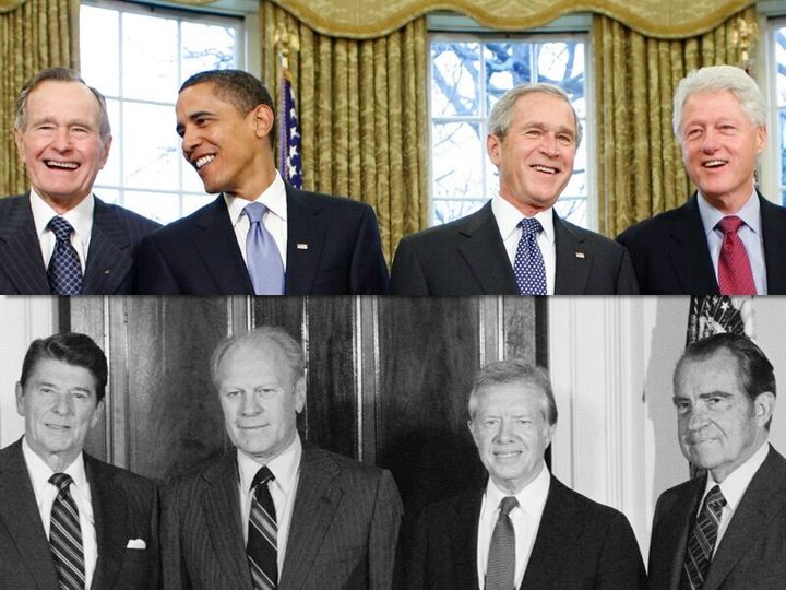 左上から時計回りにブッシュ（父）、オバマ、ブッシュ、クリントン、ニクソン、カーター、フォード、レーガン各元大統領