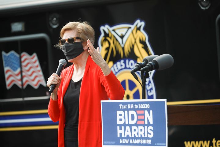 Sen. Elizabeth Warren (D-Mass.), seen here stumping for Biden in Manchester, New Hampshire, is another potential Treasury pick should the former vice president triumph in the Nov. 3 election.