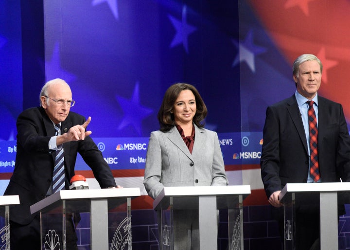 Larry David as Sen. Bernie Sanders (I-Vt.), Maya Rudolph as Sen. Kamala Harris (D-Calif.) and Will Ferrell as billionaire Tom Steyer on "SNL" on Nov. 23, 2019.