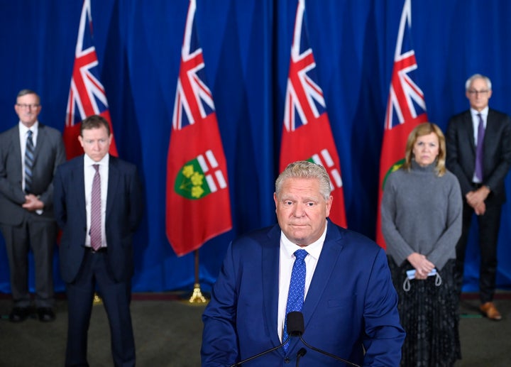 Ontario Premier Doug Ford holds a press conference with his health team at Queen's Park in Toronto on Oct. 2, 2020. 