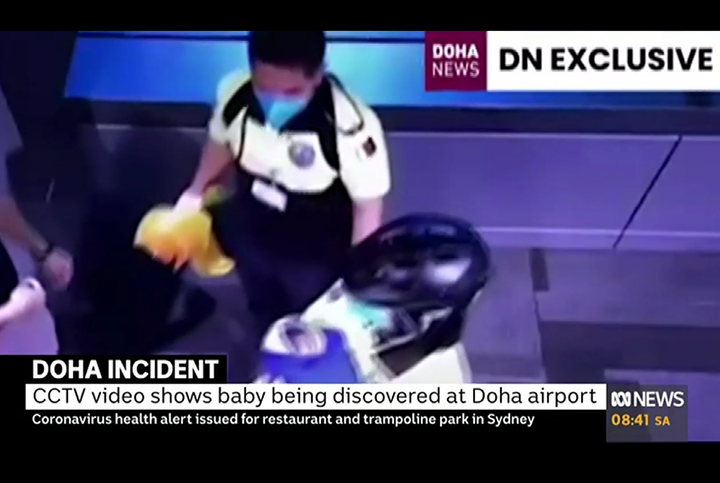 CCTV footage shows the moment the abandoned baby was found at Qatar’s airport. 