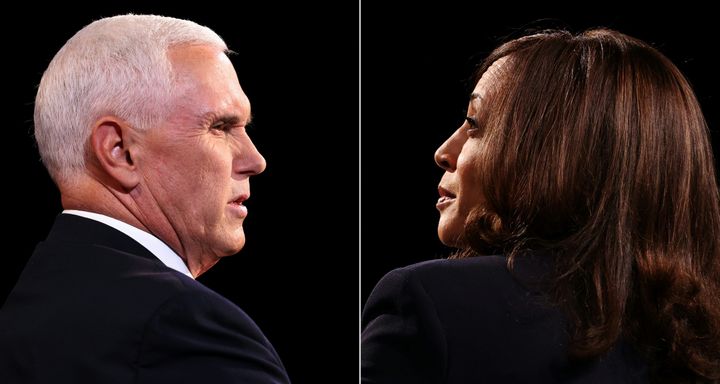 This combination of pictures created on October 07, 2020 shows US Vice President Mike Pence and Democratic vice presidential nominee and Senator from California Kamala Harris during the vice presidential debate in Kingsbury Hall at the University of Utah on October 7, 2020, in Salt Lake City, Utah. (
