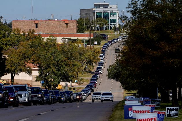 On the first day of early voting in Oklahoma, a long queue formed in front of the polls.  Oklahoma City, state of Oklahoma.  Year 2020