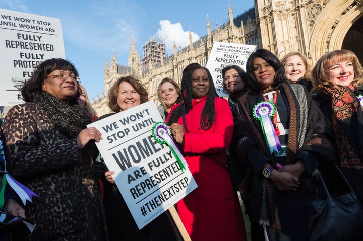 Eleanor Smith, third from right with rosette, with other female Labour politicians including Diane Abbott, left, and Marsha de Cordova, centre.